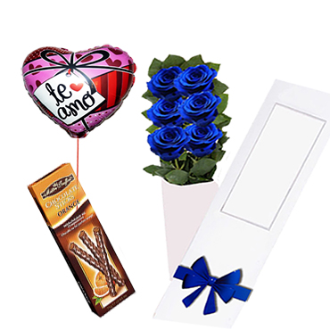 Caja de 06 Rosas Azules ms Globito y Palitos de Chocolate