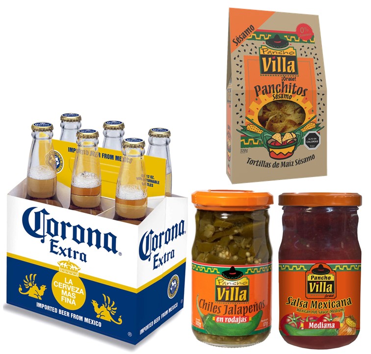 Cerveza Corona, Chiles Jalapeos, Tortillas y salsa Mexicana