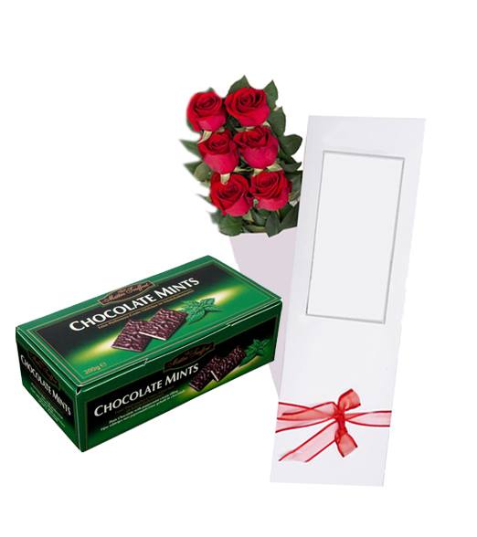Caja con 06 Rosas más Chocolate Mints Maitre Truffout 200 Grs 