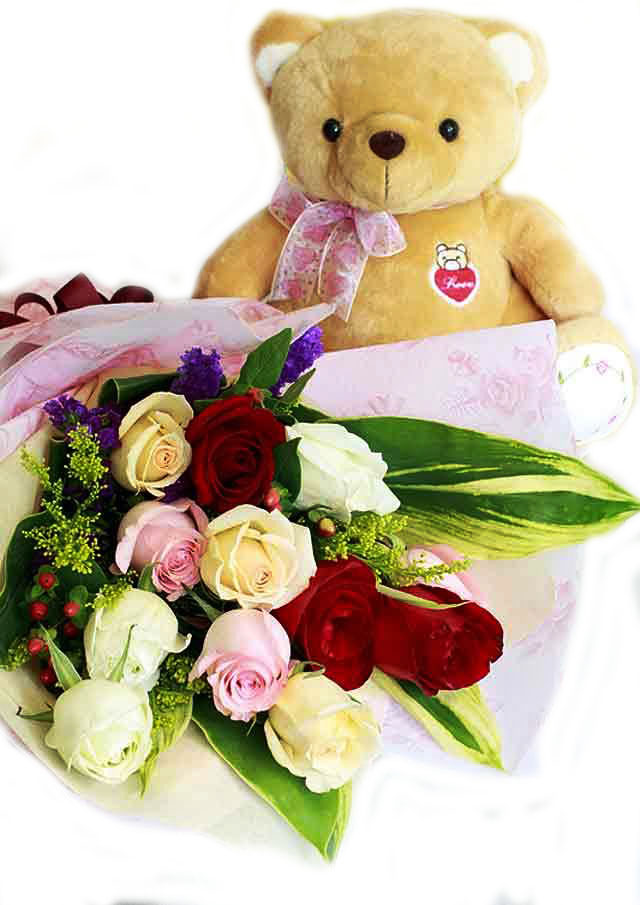 Bouquet en 12 Rosas y Peluche