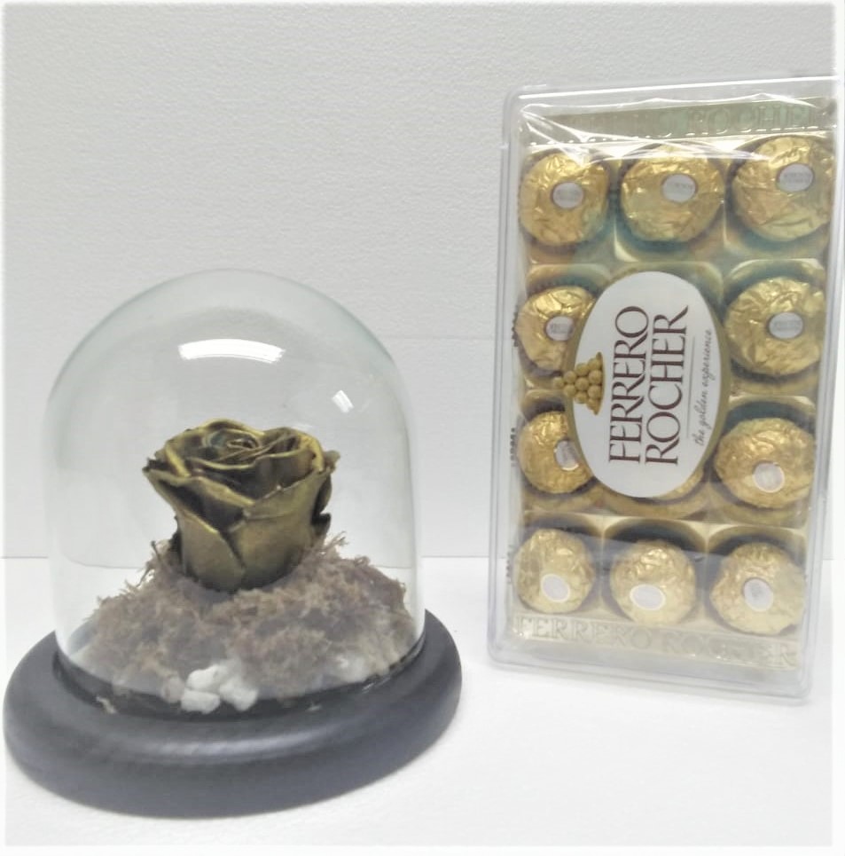 Rosa Preservada en Cpula baja y Bombones Ferrero Rocher 150 grs