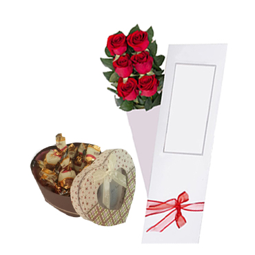 Caja de 06 Rosas ms Bombones y Caramelos Surtidos en Caja Corazn