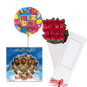 Caja 12 Rosas ms Bombones 250Grs y Globo Grande