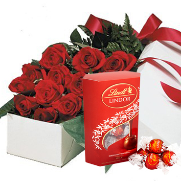 Caja de 12 Rosas ms Bombones Lindor de 200 Grs