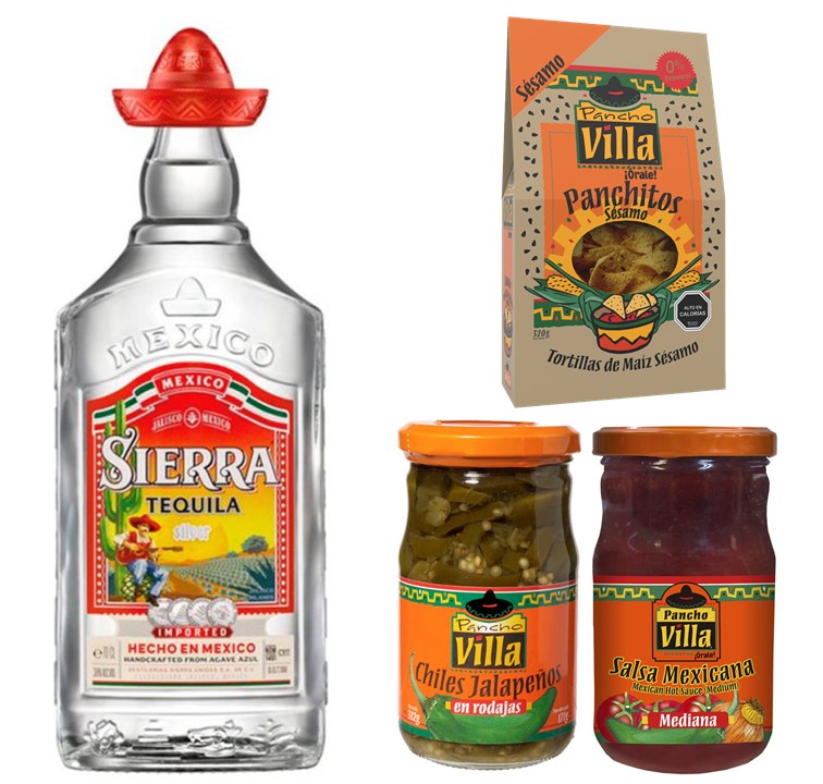 Tequila, Chiles Jalapeños, Tortillas y salsa Mexicana