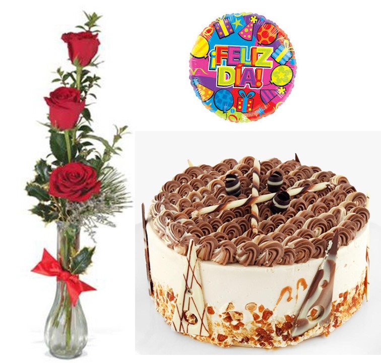 Florero de 3 Rosas, Torta Panqueque del D�a y Globito