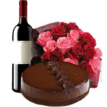 Ramo de 24 Rosas, Vino 750cc y Torta Panqueque Chocolate para 15 Personas