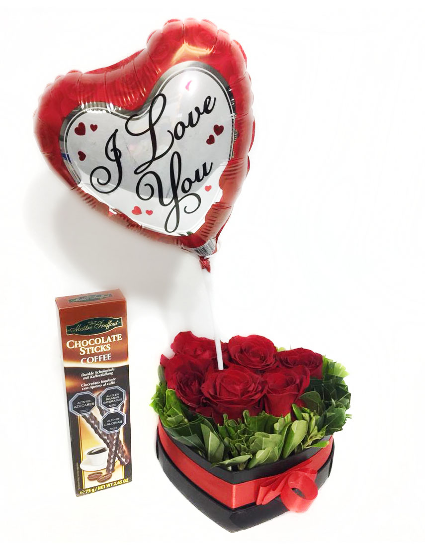  Caja corazón con 6 Rosas más Palitos de Chocolate de 75 Grs y Globito