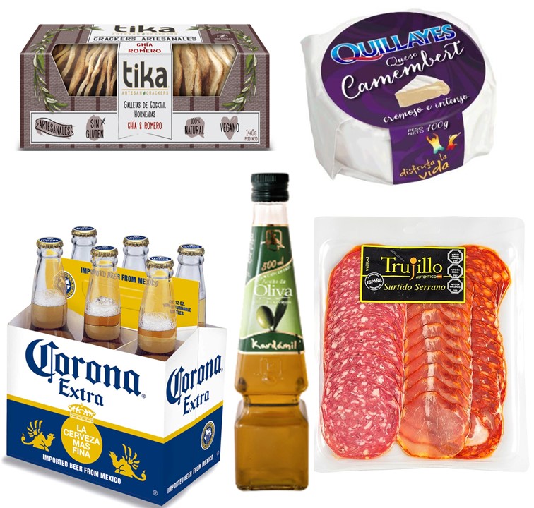 Cerveza Corona, Surtido Serrano, Queso Camembert, Galletas Crackers y Aceite