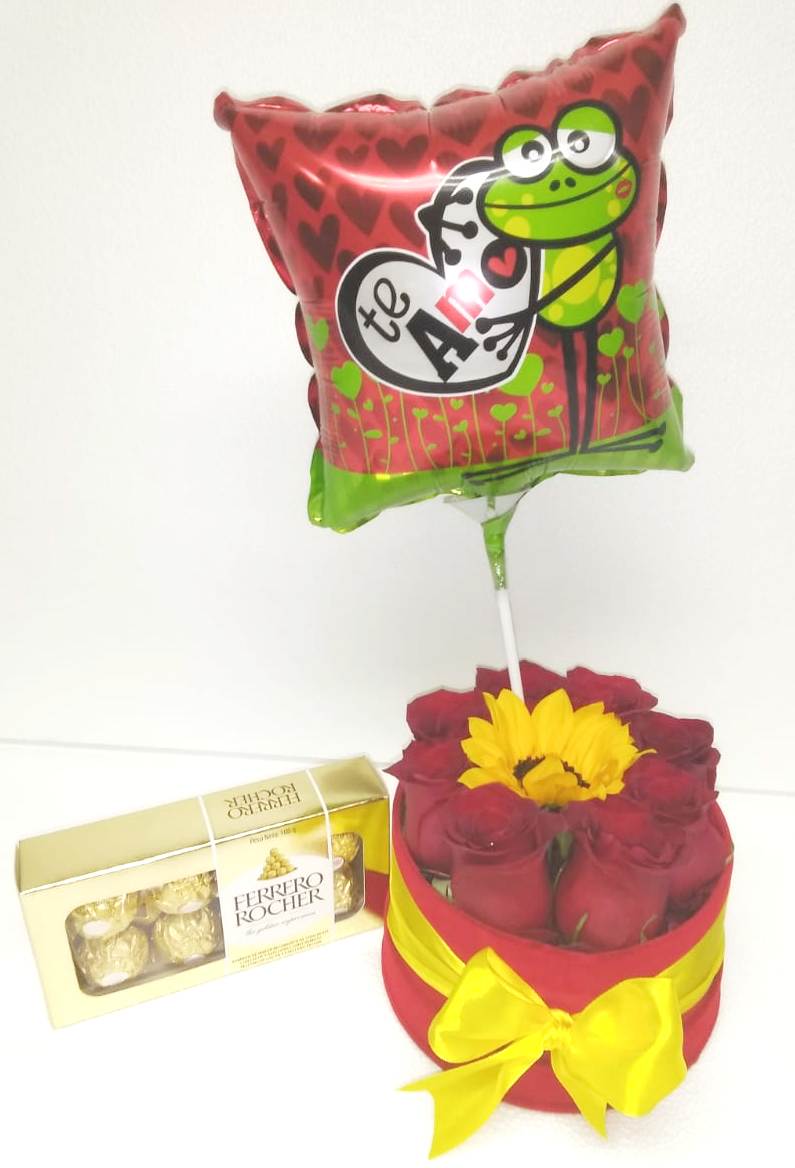 Caja Redonda 8 Rosas y 1 Girasol, Bombones Ferrero Rocher 100grs y Globito
