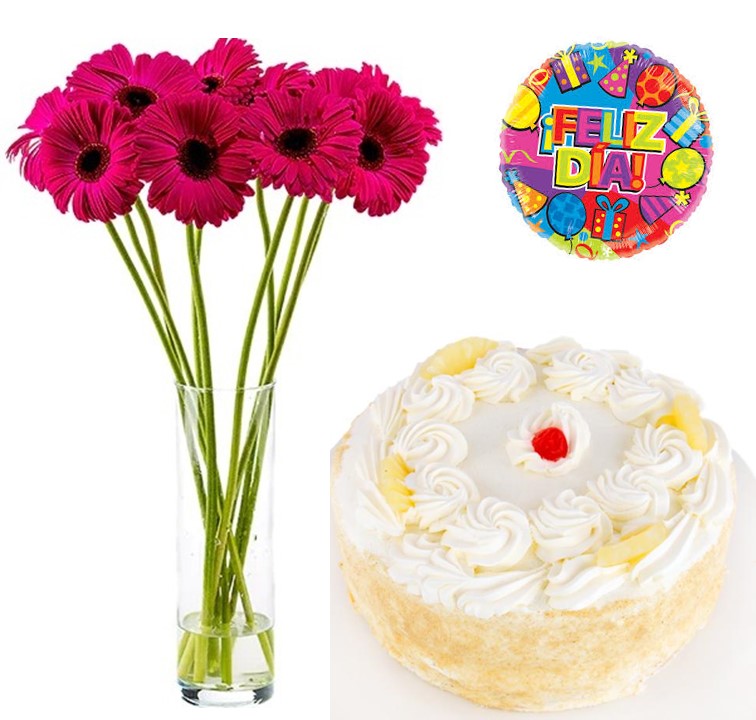 Florero de 10 Gerberas, Torta del D�a y Globito