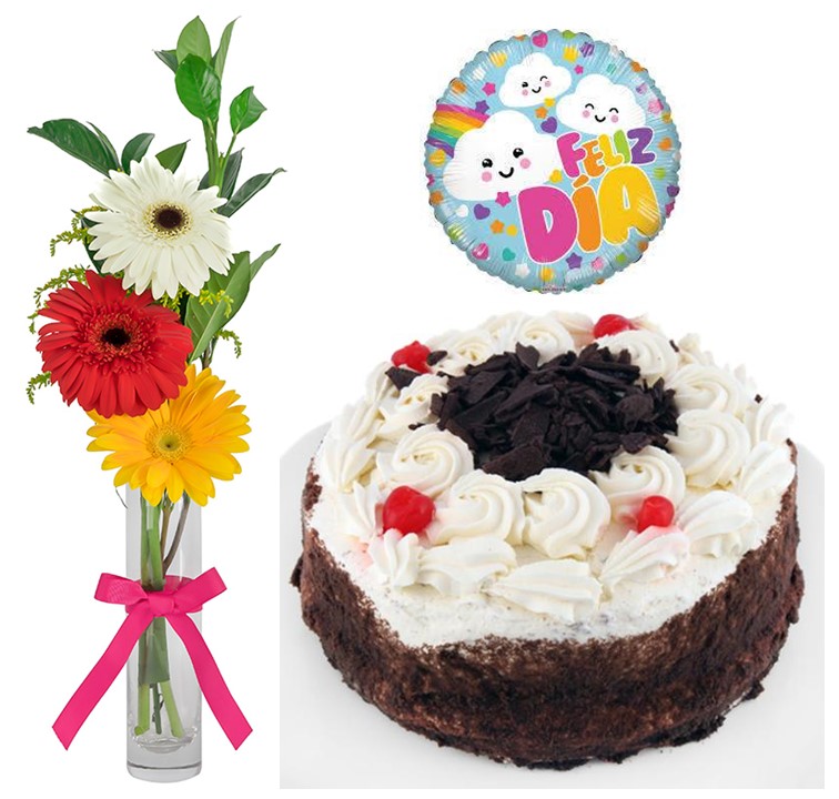 Florero de 3 Gerberas, Torta del D�a y Globito