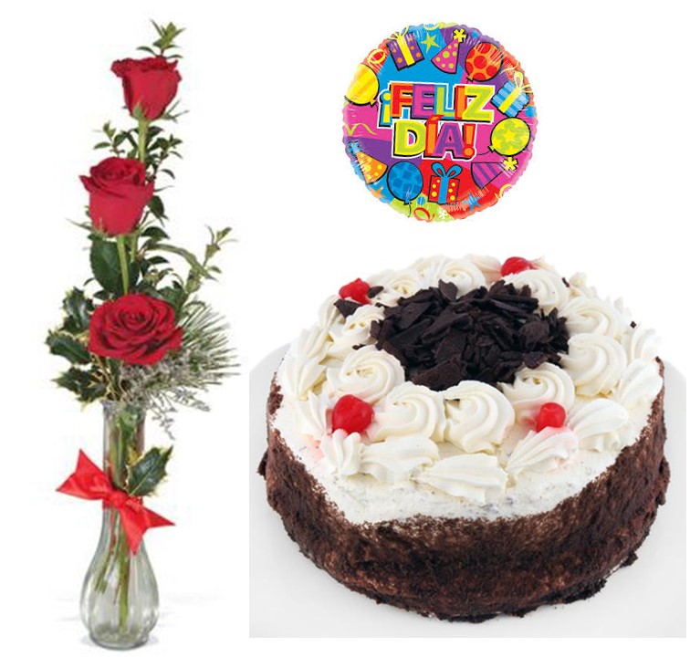 Florero de 3 Rosas, Torta del D�a y Globito
